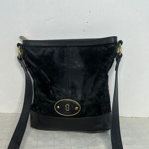 FOSSIL Vintage Re-Issue (VRI) Black Leather Calf Hair Crossbody Shoulder bag